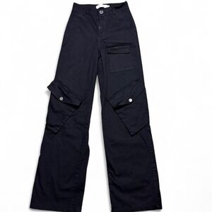 Black LC Lizette collection cargo wide leg cotton blend pants with a relaxed fit